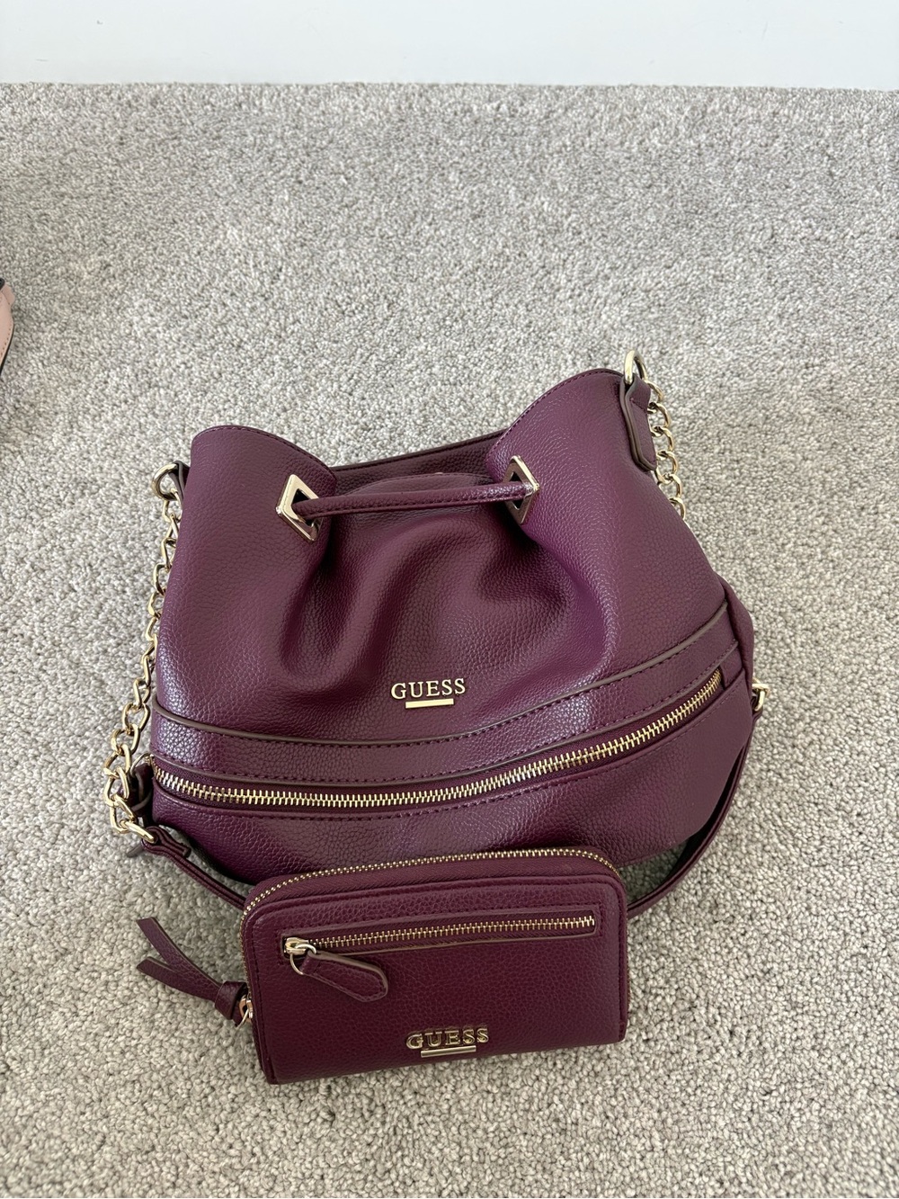 GUESS Plum Drawstring Bucket Bag with Matching Wallet